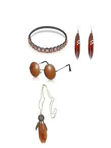 4-Piece Retro 1960s Hippie Set: Handmade Beaded Headband, Brown Glasses, Tassel Feather Earrings & Feather Necklace - Multicolor - View 2