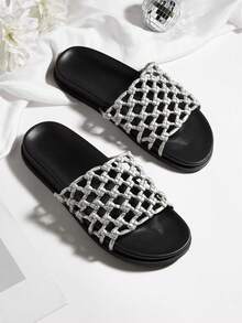 Minimalist Handmade Woven Slip-On Flat Sandals - Silver - View 1