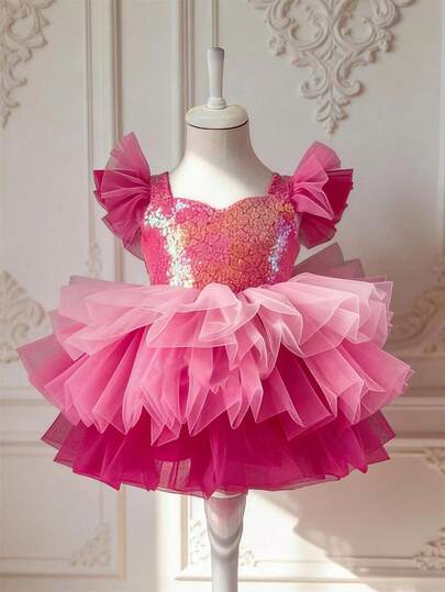 Vestido de princesa con mangas de malla brillante para niña, vestido de pastel de fiesta de Navidad, adecuado como regalo de cumpleaños para niñas, niña de las flores en bodas, banquetes, bailes de graduación, celebraciones festivas