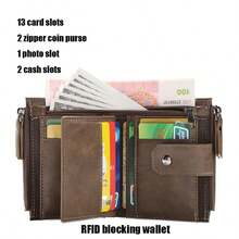Unisex Vintage PU Leather RFID Blocking Multifunctional Card Holder Trifold Wallet With Snap Button And Zipper Coin Purse - Multicolor - View 3