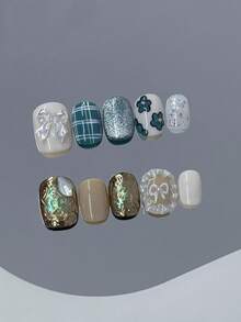 10pcs Forest Sweet Handmade Press On Nails, Teal Plaid & White Bow With Glitter Fake Nails, Short Square False Nails For Spring/Summer Daily Valentine's Day, With Jelly Glue And Nail File, DIY Nail Art Supplies - Multicolor - View 2