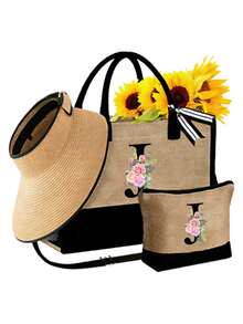 3件套女士沙滩手提包，配有肩带、沙滩帽和化妆包；个性化字母A-Z沙滩配件包，带侧袋；沙滩包配围巾；女士卡其色波浪形沙滩遮阳帽 - 彩色 - 查看 20