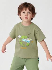 Balabala 男童休闲柔软纯棉短袖T恤，印有太空冒险主题图案 - 軍綠 - 查看 5