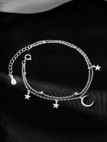 1pc S925 Sterling Silver Unique Minimalist Zirconia Star & Moon Double Layer Bracelet, Fashionable Daily Wear For Women - Silver - View 10