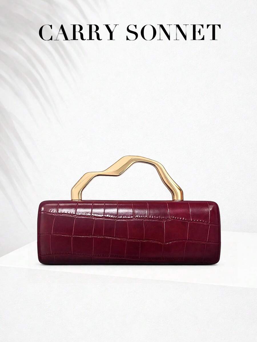 Women's Burgundy Evening Clutch Bag, Hard Shell Handbag, Gold Handle, Elegant Party Purse, Ladies Bag, Women's Gift - Burgundy - View 1