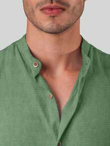 Olive Green Dress Shirt, Dunas Fabric, Linen-Like, Men's, Short Sleeve, Mandarin Collar - Shirt For Summer 2026 - Cool Shirt - Beachwear - 薄荷綠 - 查看 2