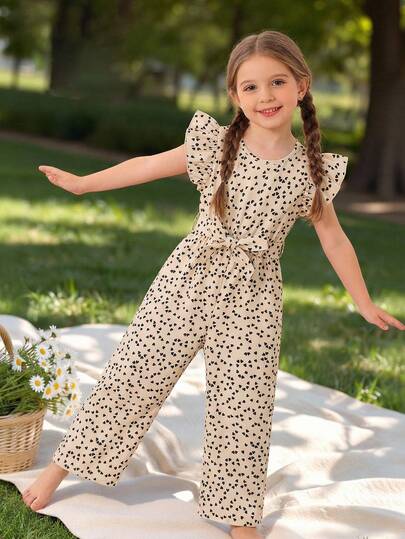 Young Girls Valentine's Day Fashion Heart Print Frill Trim Sleeveless Jumpsuit + Belt