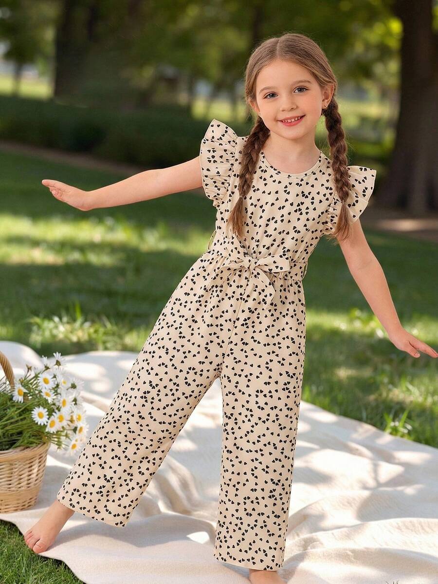 少女情人节时尚爱心印花荷叶边无袖连体裤+腰带 - 杏色 - 查看 1