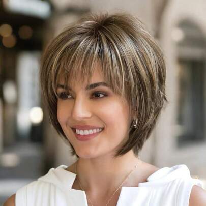Elegant Short Bob Wig With Bangs For Women, High Temperature Fiber, Rose Net Cap, Natural Looking 130% Density Straight Hair Wig Suitable For Daily & Party Use