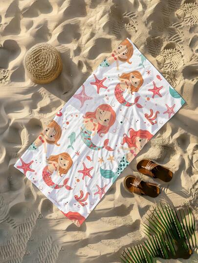 1条卡通可爱美人鱼儿童沙滩巾，超柔软超细纤维特大号沙滩毯，超强吸水浴巾，适合旅行、游泳池、潜水、冲浪、瑜伽、露营，多种尺寸可选，沙滩必备用品