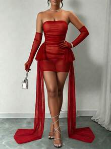 Women's Strapless Mini Dress With Mesh Overlay And Chiffon Shawl Long-Tail Mini Skirt - Màu Đỏ Sâu - Xem 2