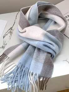 1pc 100% Wool Plaid Scarf, Women's High-End Shawl, 2025 New Winter Neck Warmer, Birthday Gift - Blue - View 3