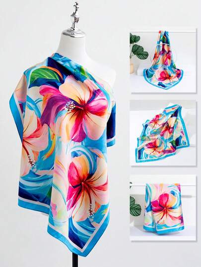 1pc New Arrival Floral Colorblock Design Fashion Small Square Scarf, Versatile Headwear, Wristband, Neckwear With Floral Print