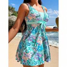 [Fashion Tankini] Floral Fashion Tankini Split Swimsuit For Women | European And American Style, Covering The Belly To Show Off Thinness - Cyan - 查看 4