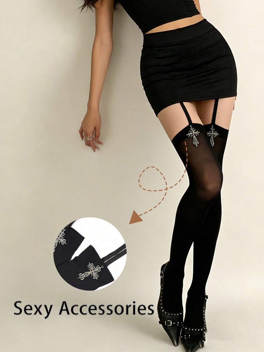 1 Pc Women's Black Cross Pendant Garter Thigh High Socks | High Elastic Japanese Y2K | Edgy Streetwear Design | Perfect For Harajuku & Party Looks - Multicolor - View 1
