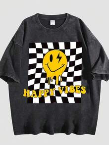 Black Vintage Washed Smi Ley Face T-Shirt | Pink Checkered Grid Graphic Tee | 100% Cotton Oversized Streetwear - Black 03 - View 1