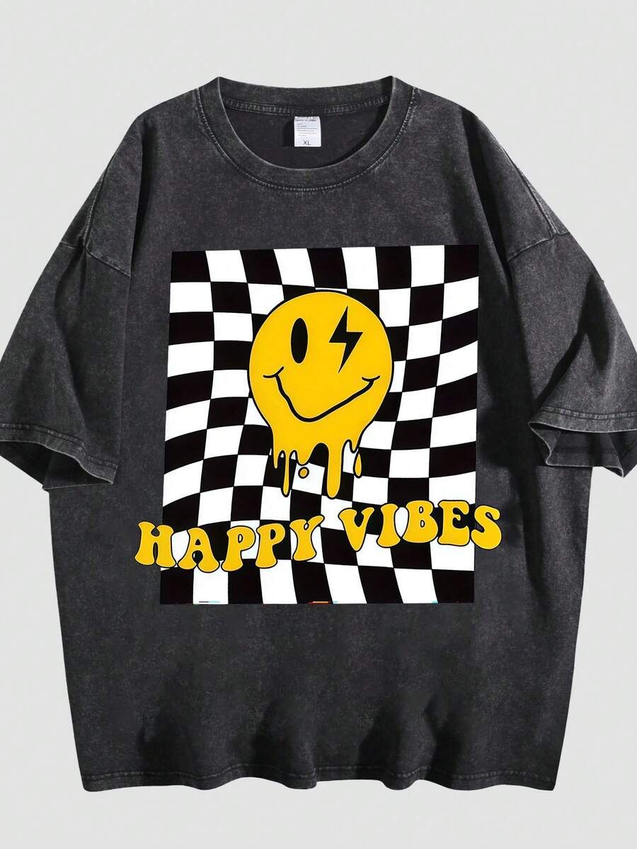 Black Vintage Washed Smi Ley Face T-Shirt | Pink Checkered Grid Graphic Tee | 100% Cotton Oversized Streetwear - Black 03 - View 1
