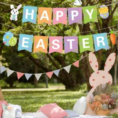 1 Set Happy Easter Cartoon Print Pull Flag - Rabbit & Egg Paper Decorative Bunting; Holiday Photo Backdrop Decor, Easter Party Table Center Hanging, Easter Home Decor, Easter Souvenir, Holiday Atmosphere Decoration, Suitable For Easter Party Home Scene Decor, Spring Theme Event & Photo Shoot Decoration