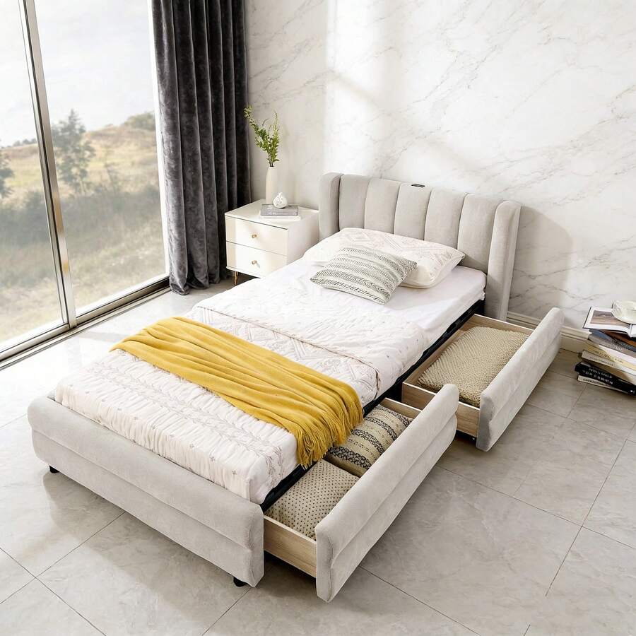 Bed Bases & Foundations - Beige + Chenille + 90cm*200cm - View 1