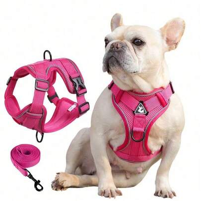 Conjunto de arnés y correa ajustable para perros color rosa rojo, chaleco con correa para el pecho anti-tirones, adecuado para perros y gatos pequeños, correa de malla reflectante, apto para Bulldog Francés y otras razas pequeñas