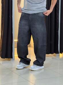 Calça balão baggy Jeans Boca Larga Skate Street Estilosa Moda Masculina Feminina Preta - Preto - Visão 6