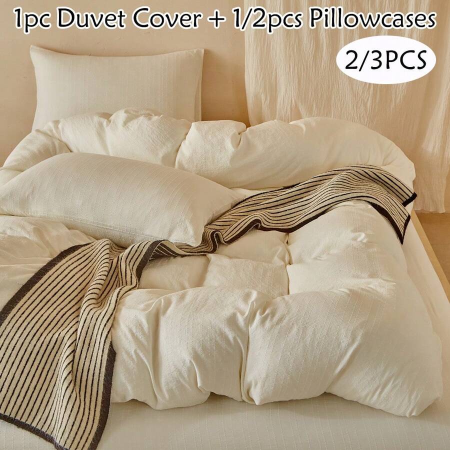 Bộ 2/3 món ga trải giường kẻ sọc jacquard màu trắng ngà, bộ đồ giường bằng polyester kiểu dáng đơn giản, thời trang, mềm mại, thoáng khí, có thể giặt máy, phù hợp cho phòng ngủ, phòng khách, ký túc xá, cỡ Queen, King (1 ga trải giường + 1/2 vỏ gối, không kèm ruột chăn)