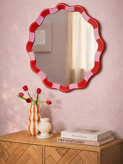 Wavy Framed Mirror For Bedroom Decor, Red & Pink Striped Aesthetic Vanity Mirror, Cute Y2K Dorm Wall Decor, Teenage Girl Room Wall Hanging Mirror, Fashionable Decorative Makeup Mirror, Apartment Home Decor, Pink Girl Wall Accent, Vintage Floral Decor Mirror For Living Room Vanity