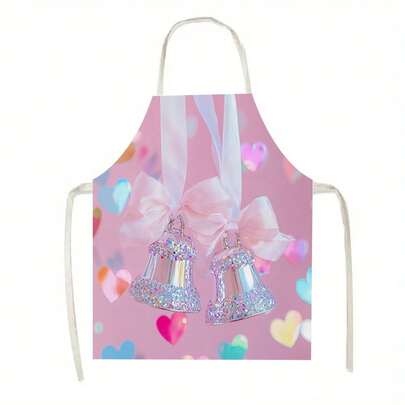 1 قطعة مريلة مزينة بأجراس بودرة لامعة مع فيونكات وردية على خلفية وردية مرصعة بقلوب ملونة، مناسبة لسيناريوهات مثل المطابخ وغرف المعيشة والمطاعم والفنادق والشواء الخارجي، مصنوعة من 100% بوليستر، خفيفة الوزن وقابلة للغسل في الغسالة