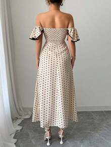 Women's Elegant Gyaru Street Style Off-Shoulder Polka Dot Cutout Waist Long Dress Summer Vacation Dress - 杏色 - 查看 2