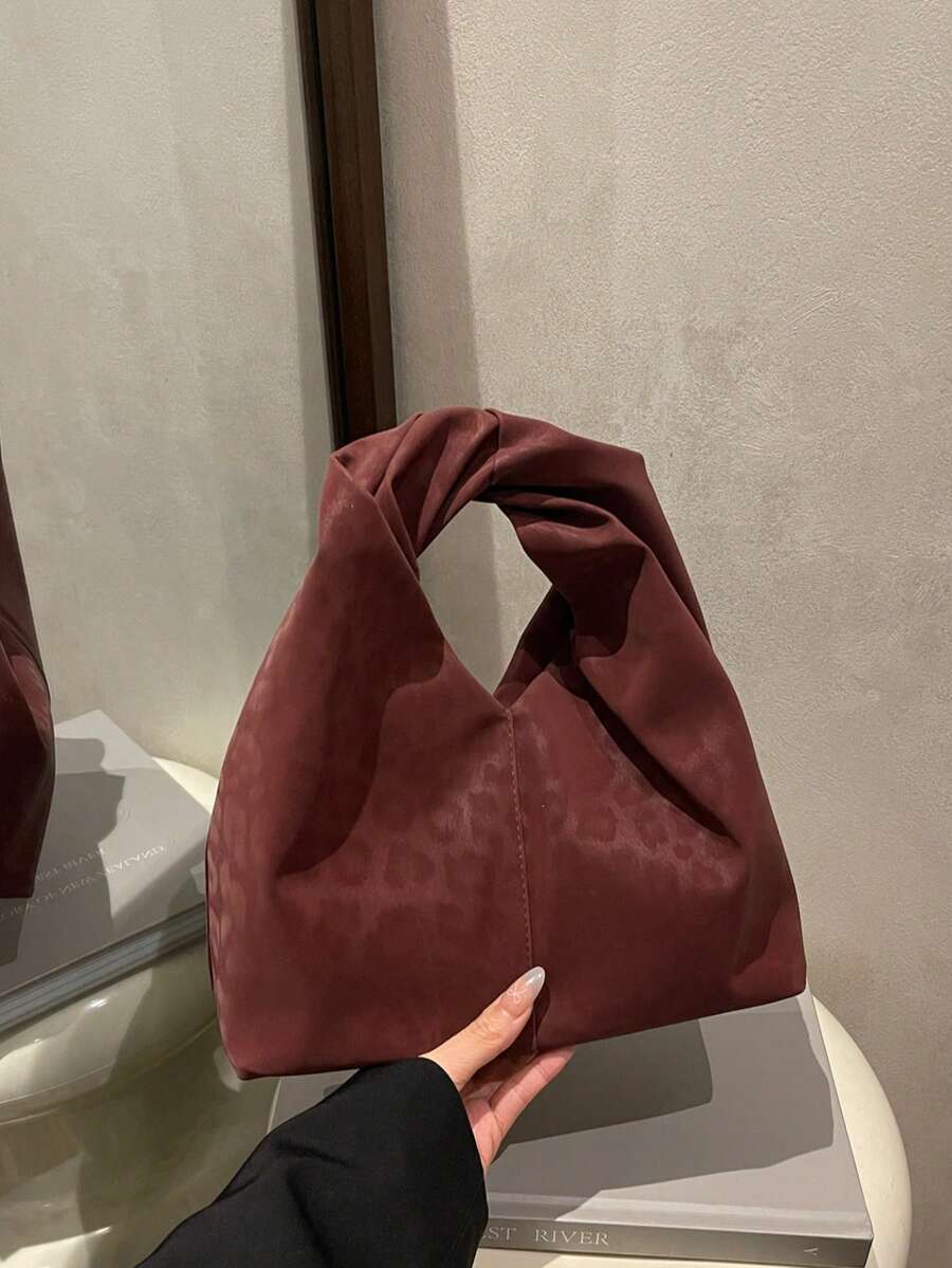 时尚百搭纯色新款PU单肩包，休闲简约纹理法棍小手提包，女士 - 酒紅色 - 查看 1