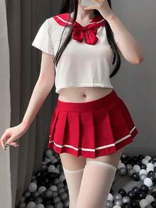 一套性感清纯校服百褶裙角色扮演服装（不含丝袜） - 紅色 - 查看 3
