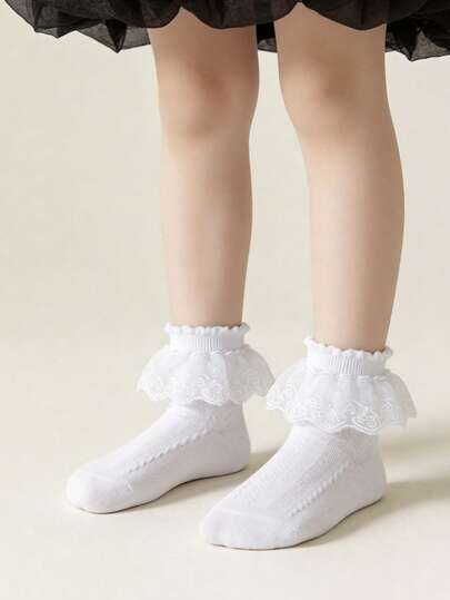 1 par de calcetines de encaje de doble capa para niñas/preadolescentes, calcetines deportivos cortos de unicolor y malla transpirable para niños, calcetines casuales