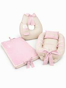 3-Piece Set: Baby Nest Reducer + Nursing Pillow With Towel + Waterproof Changing Mat With Embroidered Appliqué - 粉紅鹽 - 查看 3