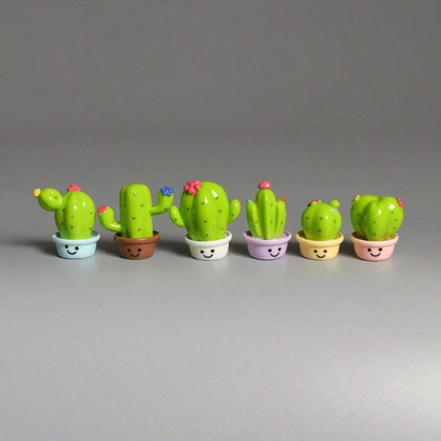 6pcs/Set Novelty Cactus Figurines, Cute Smiling Face Mini Decor, Suitable For Desktop, Cake Decoration, Car Dashboard, Home & Office, Also An Ideal Gift For Teenagers, Friends And Birthday Parties - Cactus - View 1