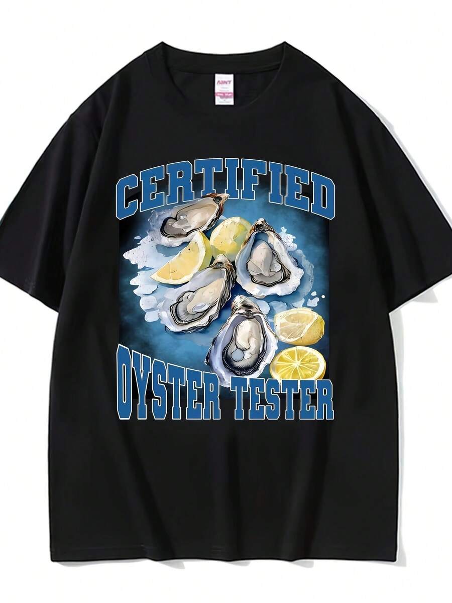 Camiseta de algodón de 180g, estilo veraniego nuevo con divertido estampado de mariscos y ostras, de manga corta, estilo casual, para el día a día, salidas informales, uso en casa y paseos al aire libre. Sencilla y sin restricciones, estilo moderno y de nicho, la primera opción para parejas. - Negro - Ver 1