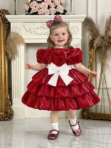 Baby Girls' Round Neck Contrast Bow Satin Cute Flower Girl Puffy Dress For Wedding, Birthday Party, Banquet, Excluding Headband - Burgundy - View 6