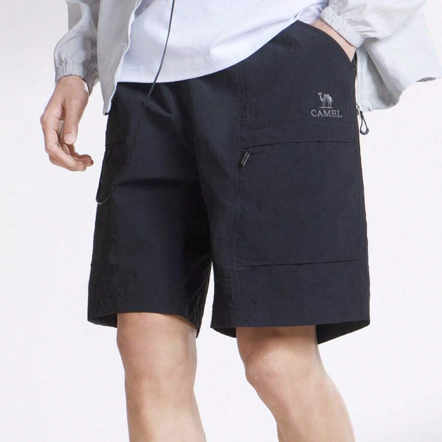 CAMEL CROWN 男士夏季速干透气直筒休闲短裤，轻薄卡其色长裤 - 黑色 - 查看 1