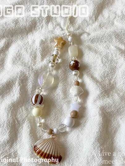 1件夏季海洋元素可爱贝壳吊坠星星珍珠手机绳，ins风手机链，兼容手机壳，可作挂饰、汽车钥匙扣