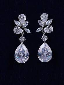 1pair Women Water Drop Shaped Rhinestone Decor Luxury Bridal Earrings For Wedding Royal. Valentine's Day Accessories - Silver - View 2