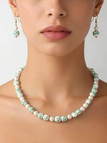 2 件陶瓷风格复古首饰套装，手工青花瓷串珠项链、耳环、手链，适合日常佩戴和节日礼物，春夏季 - 淺藍色 - 查看 13