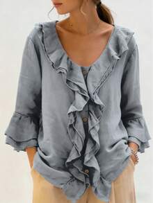 Conjunto casual de primavera/verano para mujer, camisa de bolsillo con botones y dobladillo con doble volante de unicolor, estilo retro, cómoda y transpirable, diseño de dobladillo con volante de alta calidad, camisa suelta y de moda con diseño de decoración de volante de unicolor, diseño único, camisa digna y elegante - Gris - Ver 5