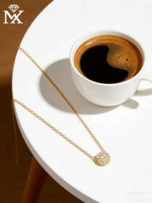 SYMFNY 1件装奢华925银镶嵌立方氧化锆微镶圆珠吊坠项链，女士百搭日常佩戴高端珠宝礼品 - 金黃色 - 查看 3