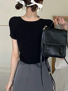 Women's Casual Minimalist Knit Short Sleeve Top Black - Black - View 2