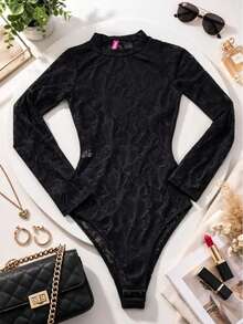 Women's Lace Bodysuit With Long Sleeves And High Neck - Sexy And Elegant Fall/Winter Collection. - 黑色 - 查看 4