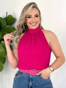 Women's Tank Top With High Neck And Ruched Detail - Summer Dune - Hot Pink - View 2