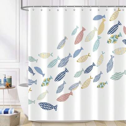 1pc Colorful Fish Shower Curtain, Ocean Swimming Fish Cartoon White Minimalist Bathroom Shower Curtain, Suitable For Bathroom Bathtub Partition, Bathroom Accessories, Bathroom Shower Curtain Decoration