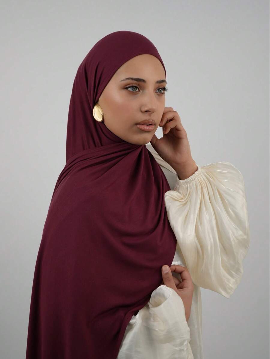 1pc Women's Premium Jersey Hijabs, Minimalist Classic Solid Color Elegant Casual Edged Scarf, High-Quality Knit Fabric Modal Jersey Hijabs Scarf, Long Turban Style Headscarf Suitable For Daily Life, Travel And Gatherings - Burgundy - View 1
