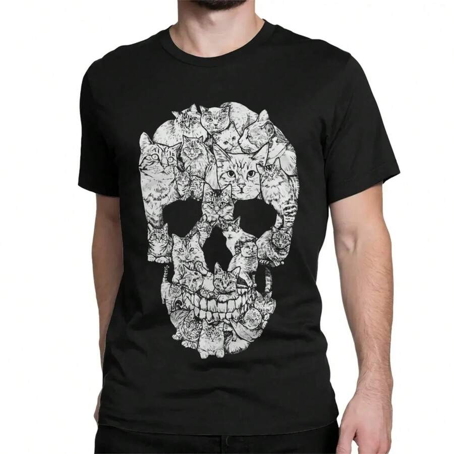 Men Tee Shirt O Neck T Shirts 4XL Tops Cat Skull Halloween Death Horror Scary Kitten Goth Gothic Punk Skeleton T-Shirts - màu đen - Xem 1