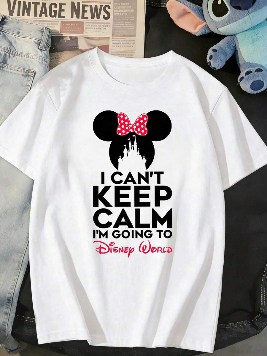 Disney Unisex Casual Round Neck Short Sleeve T-Shirt, I Can't Keep Calm I'm Going To Disney World Minnie Mouse Disneyland Trip Tee Top - 白色 - 查看 1