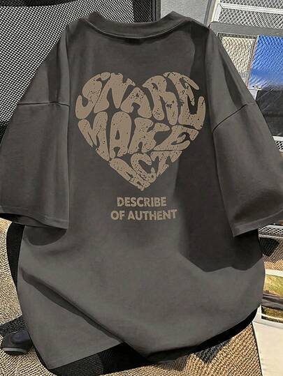 レディースゆったりホワイトプリントTシャツ-半袖、ゆったりタイプ、機械洗浄、愛の形の文字パターンデザイン